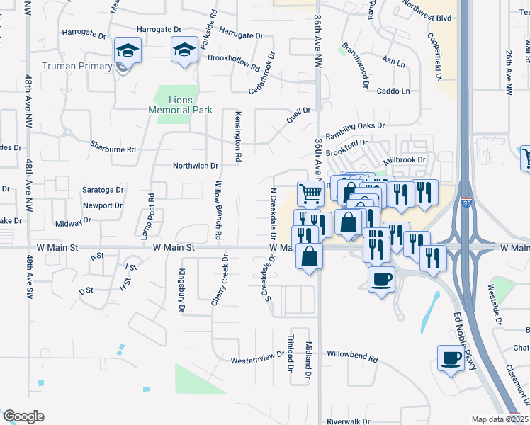 map of restaurants, bars, coffee shops, grocery stores, and more near 203 North Creekdale Drive in Norman