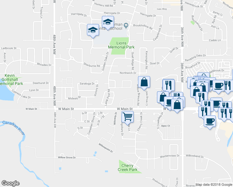 map of restaurants, bars, coffee shops, grocery stores, and more near 209 Monticello Road in Norman