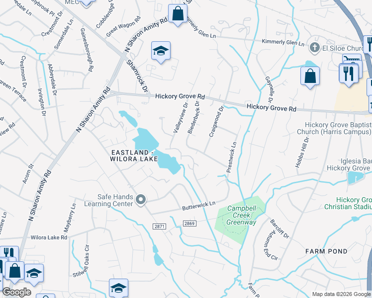 map of restaurants, bars, coffee shops, grocery stores, and more near 5304 Biederbeck Drive in Charlotte