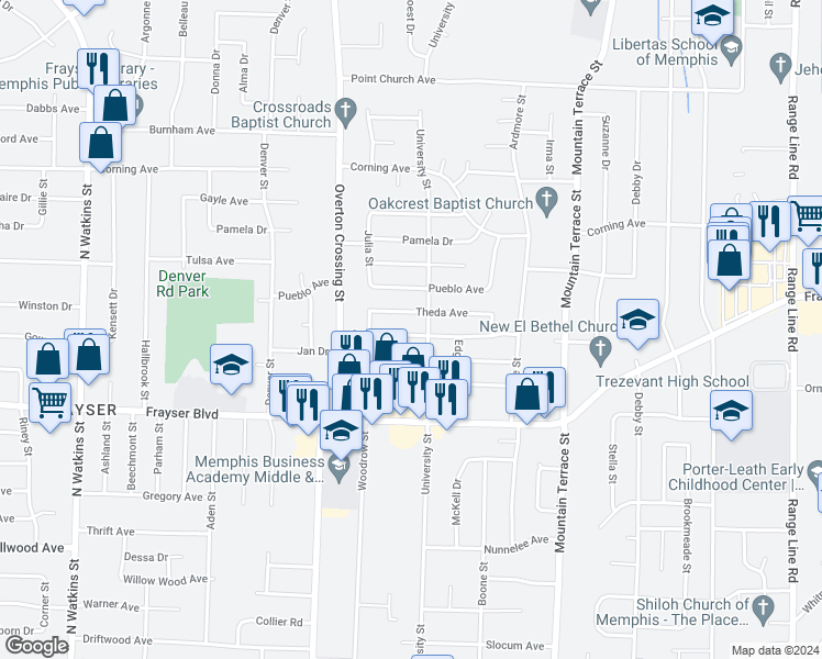 map of restaurants, bars, coffee shops, grocery stores, and more near 2196 Cassie Avenue in Memphis