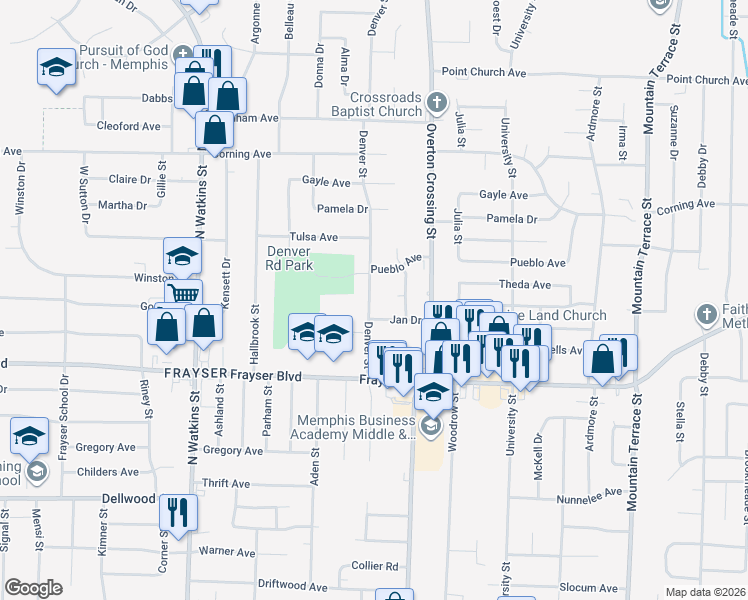 map of restaurants, bars, coffee shops, grocery stores, and more near 3462 Denver Street in Memphis