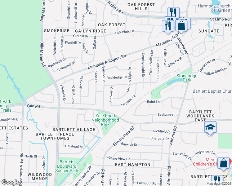 map of restaurants, bars, coffee shops, grocery stores, and more near 3452 Morning Light Cove in Memphis