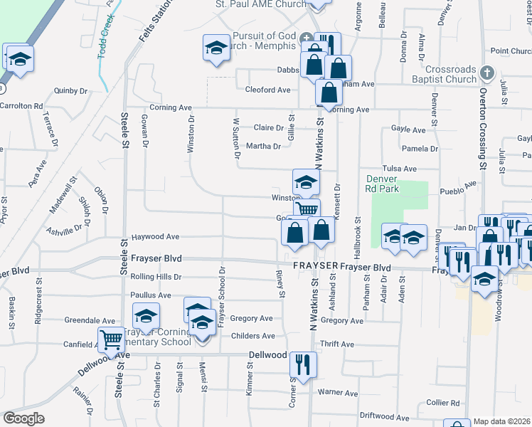 map of restaurants, bars, coffee shops, grocery stores, and more near 1736 Gowan Drive in Memphis