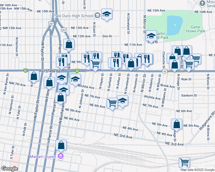 map of restaurants, bars, coffee shops, grocery stores, and more near 717 North Garfield Street in Amarillo