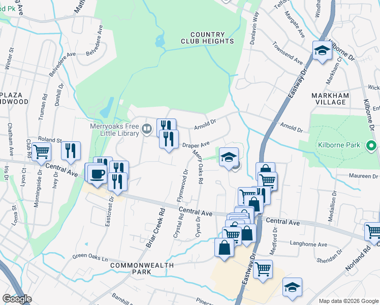map of restaurants, bars, coffee shops, grocery stores, and more near 1751 Flynnwood Drive in Charlotte