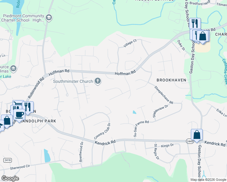 map of restaurants, bars, coffee shops, grocery stores, and more near 2019 Knotty Pine Trail in Gastonia