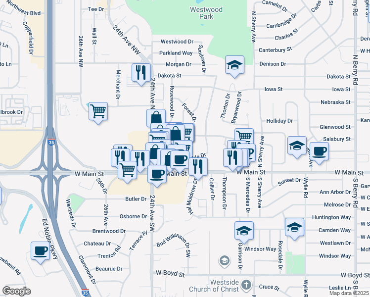 map of restaurants, bars, coffee shops, grocery stores, and more near 2203 W Main St in Norman