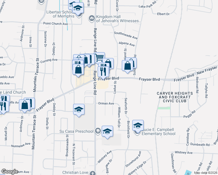 map of restaurants, bars, coffee shops, grocery stores, and more near 3457 Ladue Street in Memphis