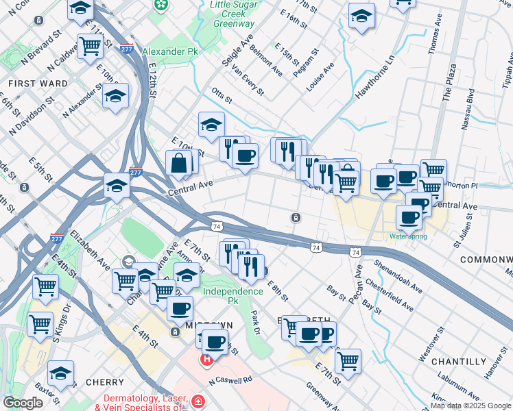 map of restaurants, bars, coffee shops, grocery stores, and more near 3 Sunnyside Avenue in Charlotte