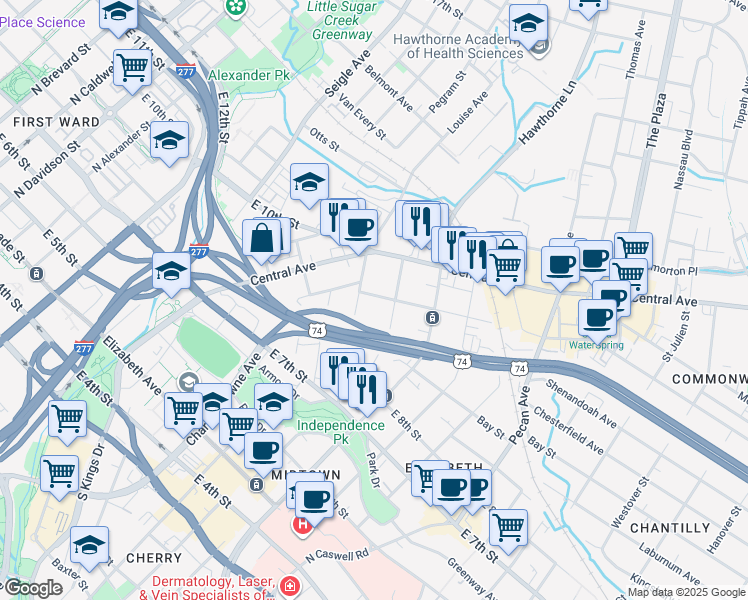 map of restaurants, bars, coffee shops, grocery stores, and more near 1512 Sunnyside Avenue in Charlotte