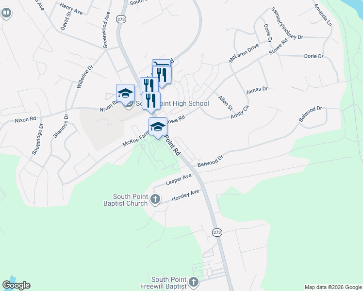 map of restaurants, bars, coffee shops, grocery stores, and more near 1013 South Point Road in Belmont