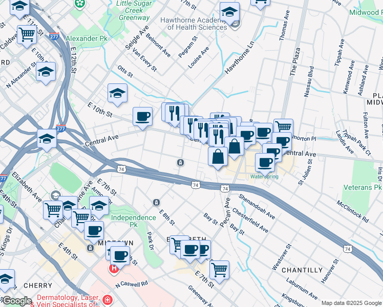 map of restaurants, bars, coffee shops, grocery stores, and more near 808 Hawthorne Lane in Charlotte