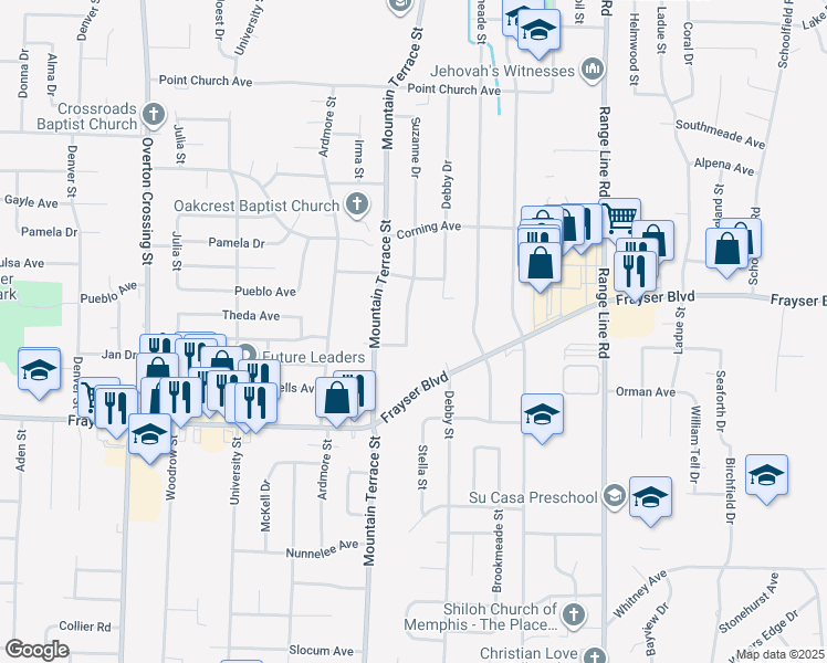 map of restaurants, bars, coffee shops, grocery stores, and more near 3457 Suzanne Drive in Memphis