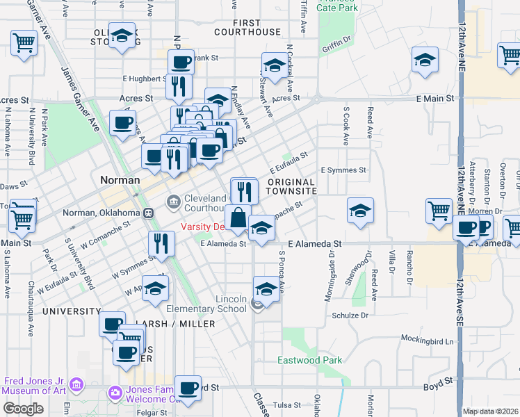map of restaurants, bars, coffee shops, grocery stores, and more near 427 South Ponca Avenue in Norman