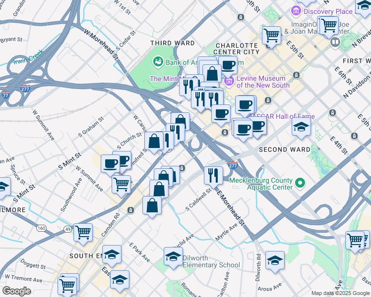 map of restaurants, bars, coffee shops, grocery stores, and more near 1001 Morehead Square Drive in Charlotte