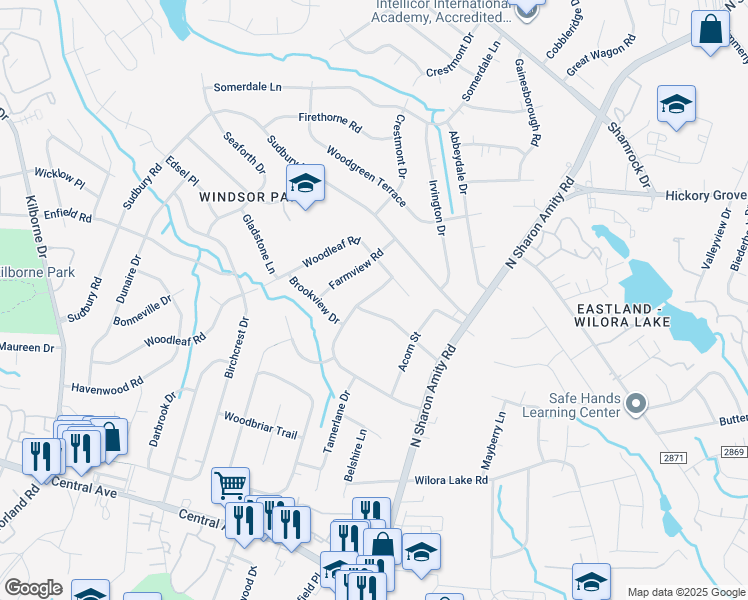 map of restaurants, bars, coffee shops, grocery stores, and more near 4929 Auburndale Road in Charlotte