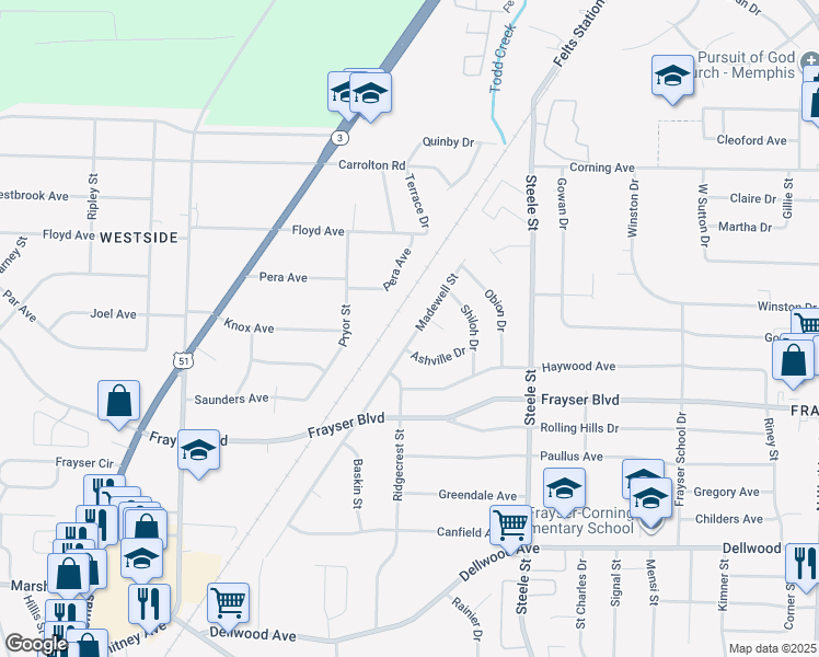 map of restaurants, bars, coffee shops, grocery stores, and more near 3457 Madewell Street in Memphis