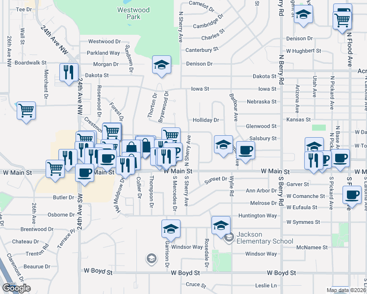 map of restaurants, bars, coffee shops, grocery stores, and more near 203 North Sherry Avenue in Norman