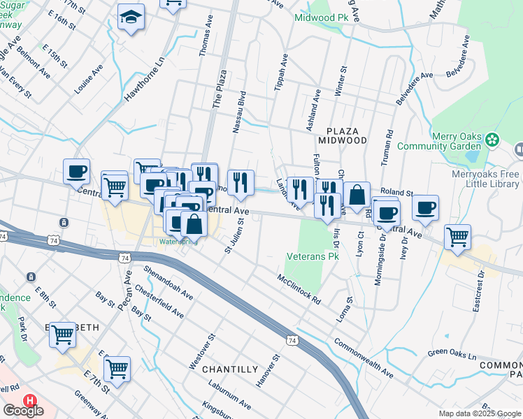 map of restaurants, bars, coffee shops, grocery stores, and more near 2007 Central Avenue in Charlotte