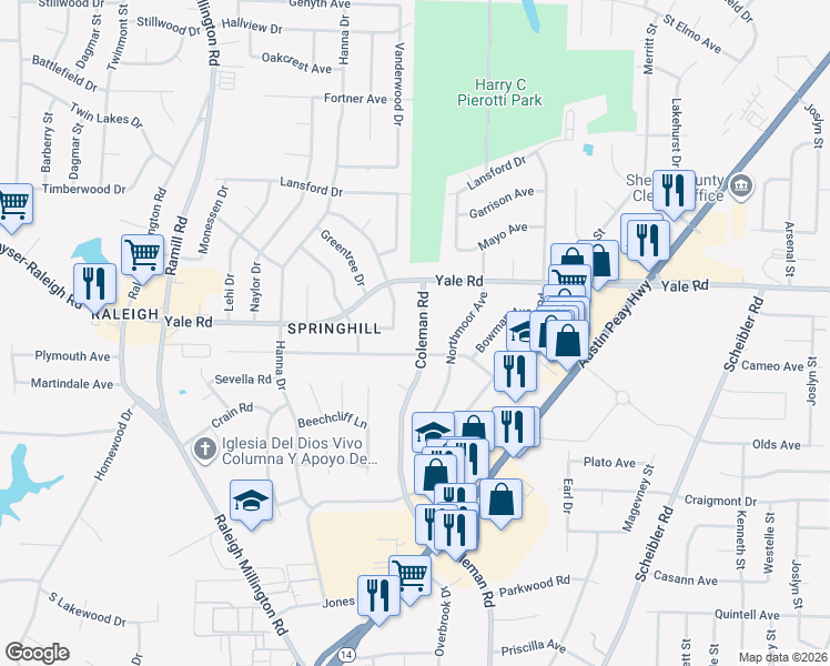 map of restaurants, bars, coffee shops, grocery stores, and more near 3461 Coleman Road in Memphis