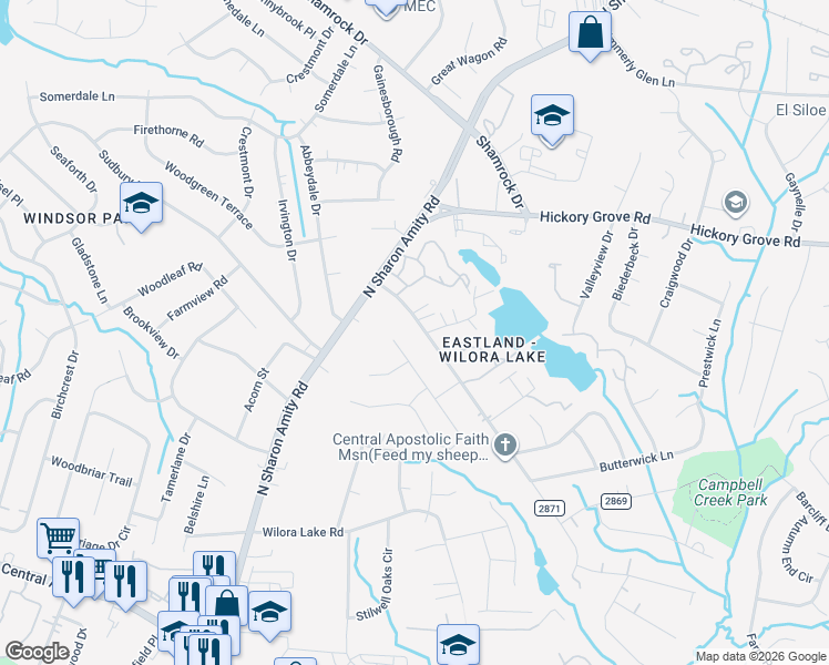 map of restaurants, bars, coffee shops, grocery stores, and more near 5720 Vernedale Road in Charlotte