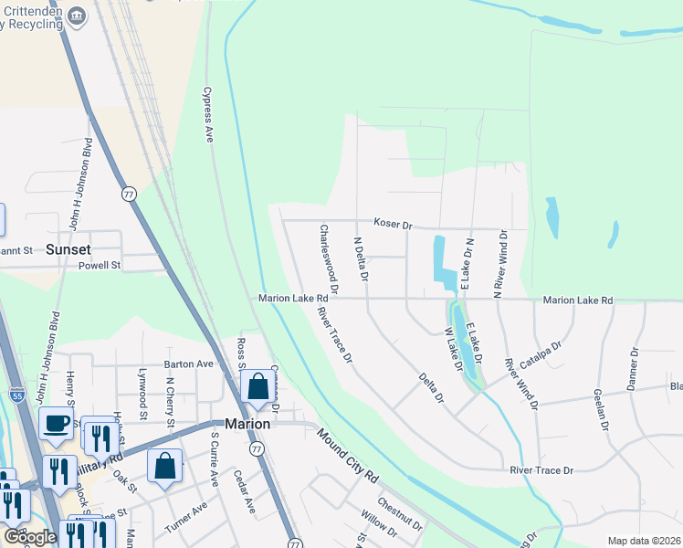 map of restaurants, bars, coffee shops, grocery stores, and more near 602 Charleswood Drive in Marion