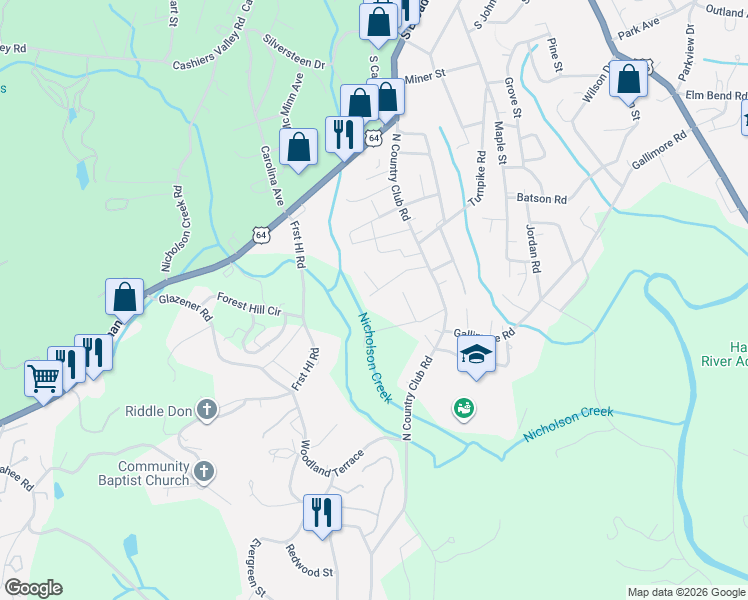 map of restaurants, bars, coffee shops, grocery stores, and more near 153 Southview Drive in Brevard