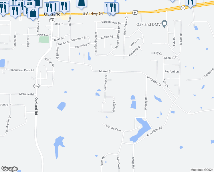 map of restaurants, bars, coffee shops, grocery stores, and more near 125 Southwind Drive in Oakland