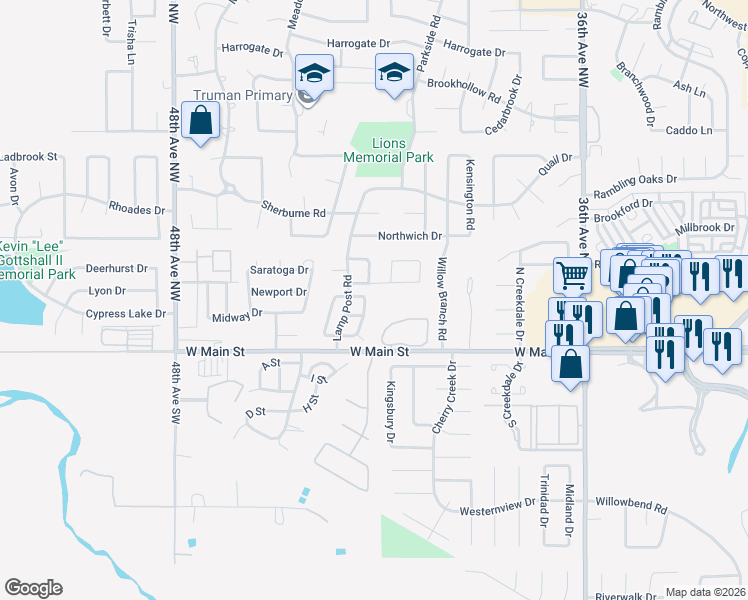 map of restaurants, bars, coffee shops, grocery stores, and more near 209 Monticello Road in Norman