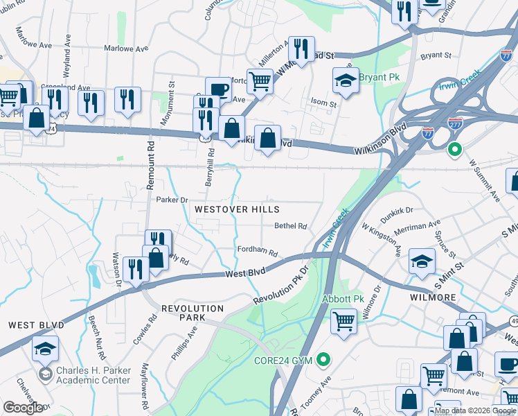 map of restaurants, bars, coffee shops, grocery stores, and more near 1315 Skyview Road in Charlotte