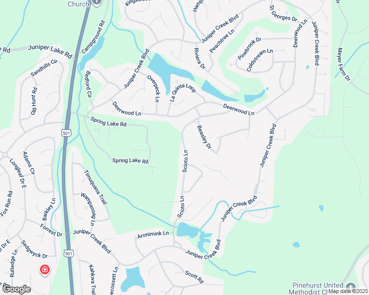 map of restaurants, bars, coffee shops, grocery stores, and more near 43 Scioto Lane in Pinehurst