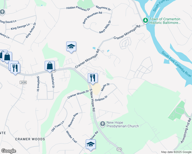 map of restaurants, bars, coffee shops, grocery stores, and more near 4241 South New Hope Road in Gastonia