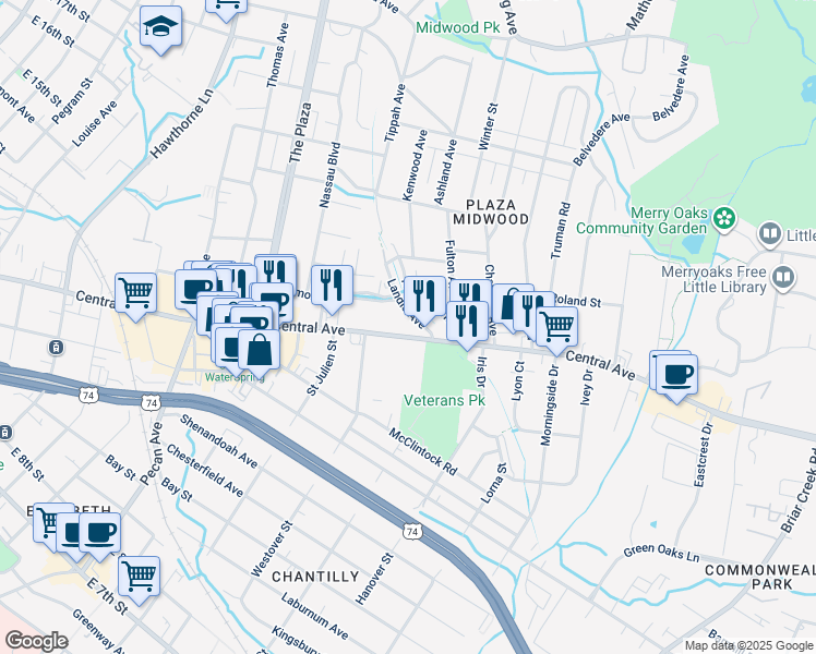map of restaurants, bars, coffee shops, grocery stores, and more near 2115 Central Avenue in Charlotte