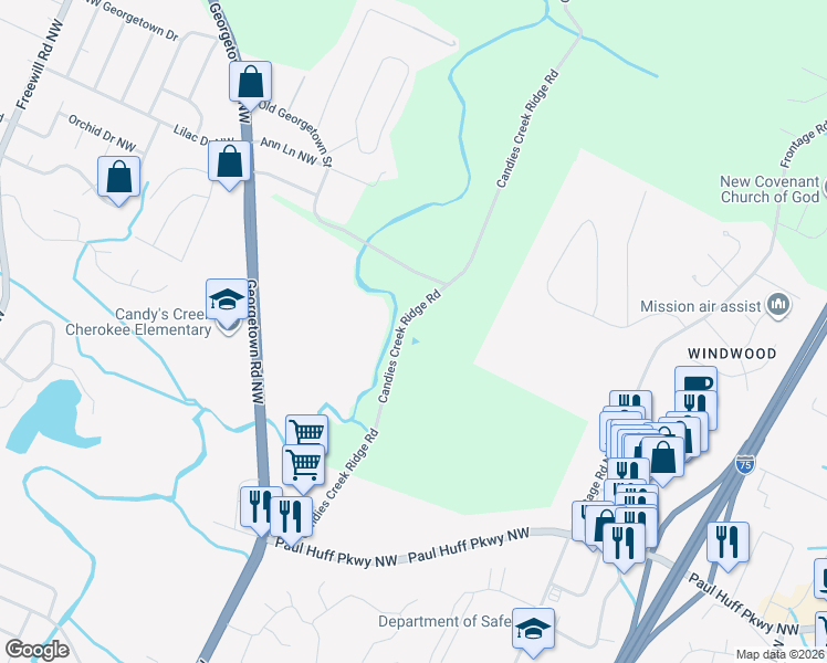 map of restaurants, bars, coffee shops, grocery stores, and more near 5130 Candies Creek Ridge Road in Cleveland