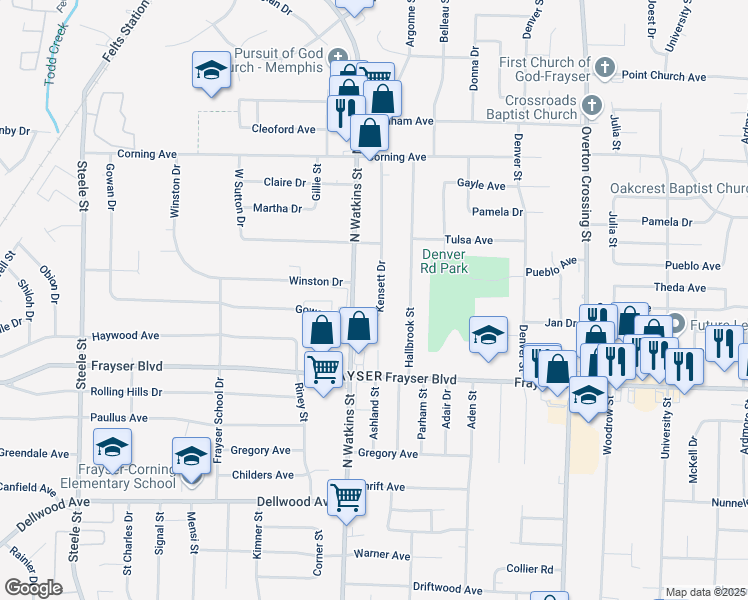 map of restaurants, bars, coffee shops, grocery stores, and more near 3465 Kensett Drive in Memphis