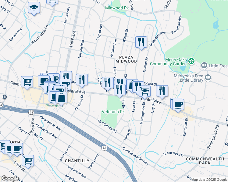 map of restaurants, bars, coffee shops, grocery stores, and more near 1421 Tippah Park Court in Charlotte