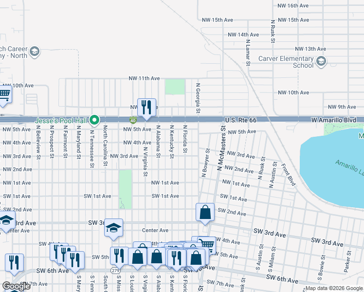 map of restaurants, bars, coffee shops, grocery stores, and more near 307 North Florida Street in Amarillo