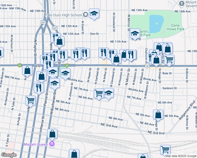map of restaurants, bars, coffee shops, grocery stores, and more near 717 North Garfield Street in Amarillo
