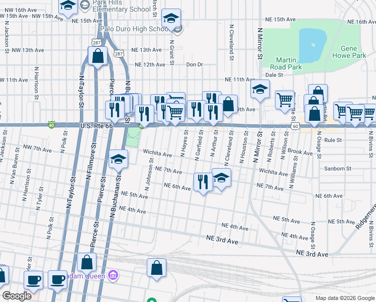 map of restaurants, bars, coffee shops, grocery stores, and more near 713 N Hayes St in Amarillo