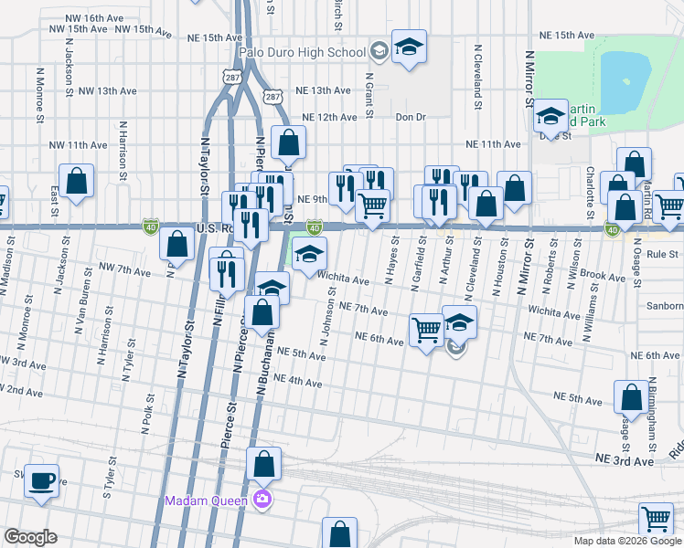 map of restaurants, bars, coffee shops, grocery stores, and more near 709-799 Wichita Avenue in Amarillo