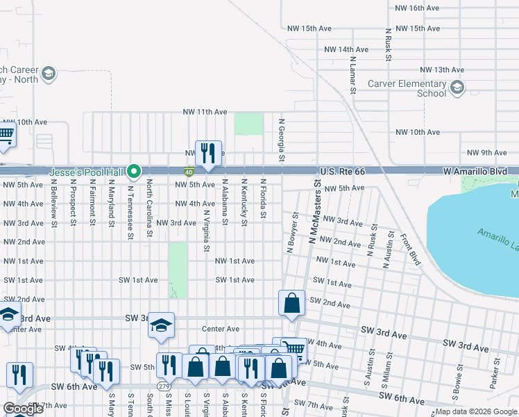 map of restaurants, bars, coffee shops, grocery stores, and more near 307 North Florida Street in Amarillo
