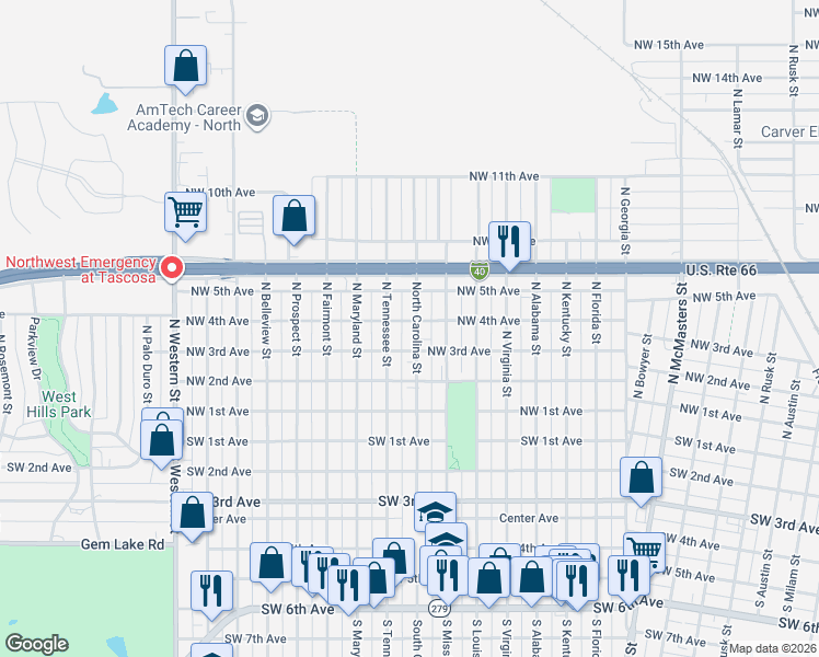 map of restaurants, bars, coffee shops, grocery stores, and more near 306 North Tennessee Street in Amarillo