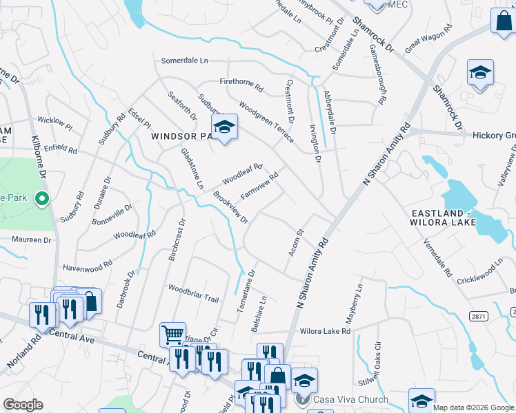 map of restaurants, bars, coffee shops, grocery stores, and more near 5024 Auburndale Road in Charlotte