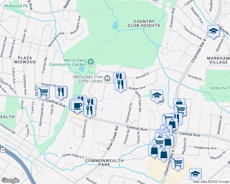 map of restaurants, bars, coffee shops, grocery stores, and more near 1819 Pickens Court in Charlotte