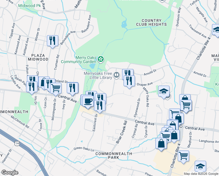 map of restaurants, bars, coffee shops, grocery stores, and more near in Charlotte