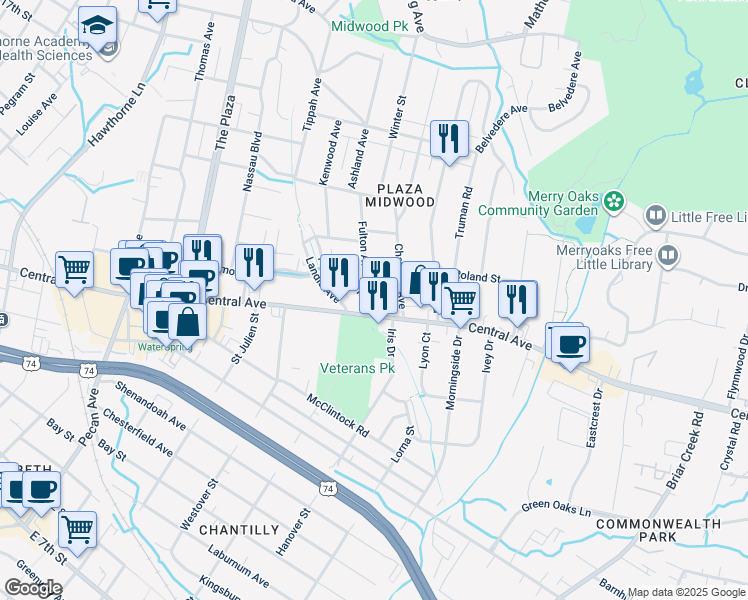 map of restaurants, bars, coffee shops, grocery stores, and more near 1421 Tippah Park Court in Charlotte