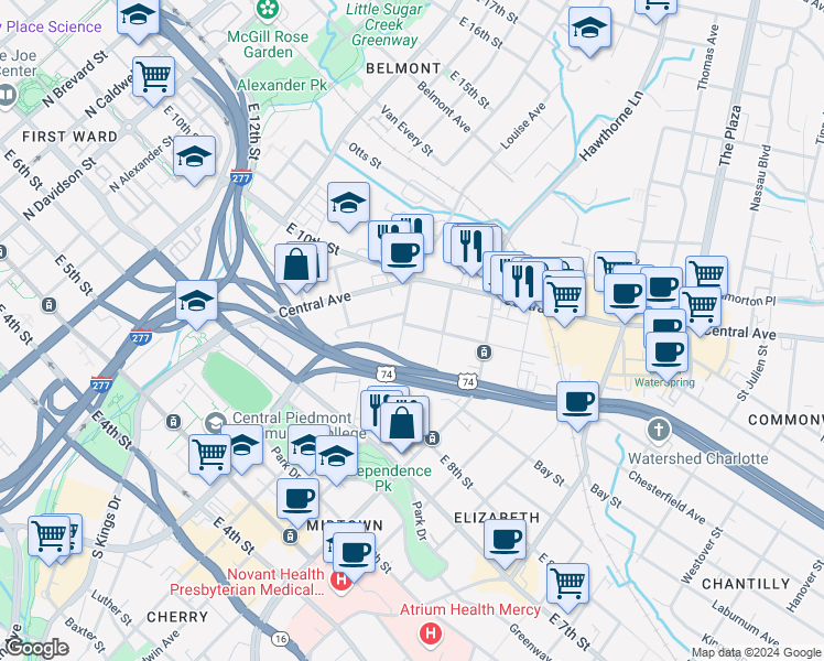 map of restaurants, bars, coffee shops, grocery stores, and more near 3 Sunnyside Avenue in Charlotte