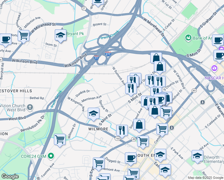 map of restaurants, bars, coffee shops, grocery stores, and more near 1541 Merriman Avenue in Charlotte
