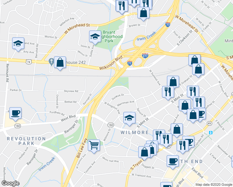 map of restaurants, bars, coffee shops, grocery stores, and more near 1742 Dunkirk Drive in Charlotte
