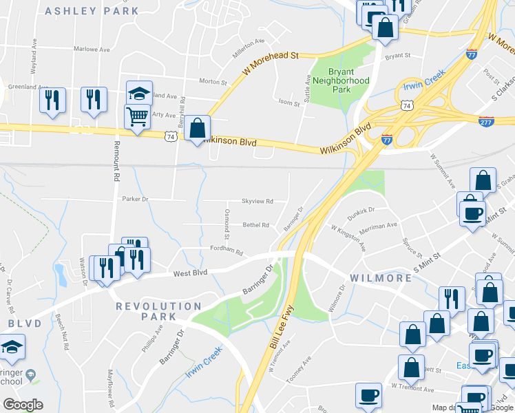 map of restaurants, bars, coffee shops, grocery stores, and more near 1123 Skyview Road in Charlotte